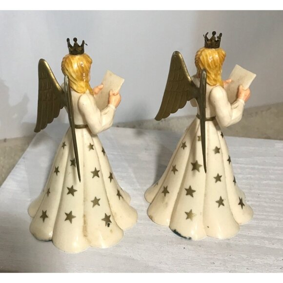 Vintage Angel Figurines Gold Star Pattern & Crowned Heads Set Of 2  Choir Angels - Picture 3 of 9